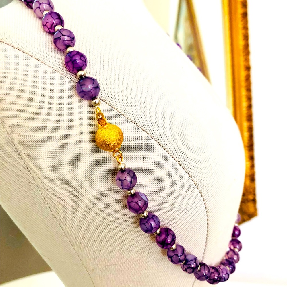 Vintage Amethyst Dragon Vein Glass Bead Necklace RARE!